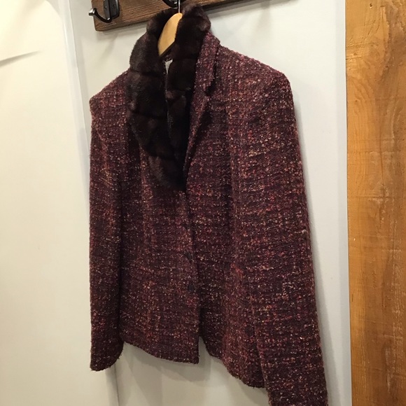 Vintage Jones NY Womens Tweed Wool Blazer Size L Faux Fur Collar Boucle Jacket - Picture 9 of 16